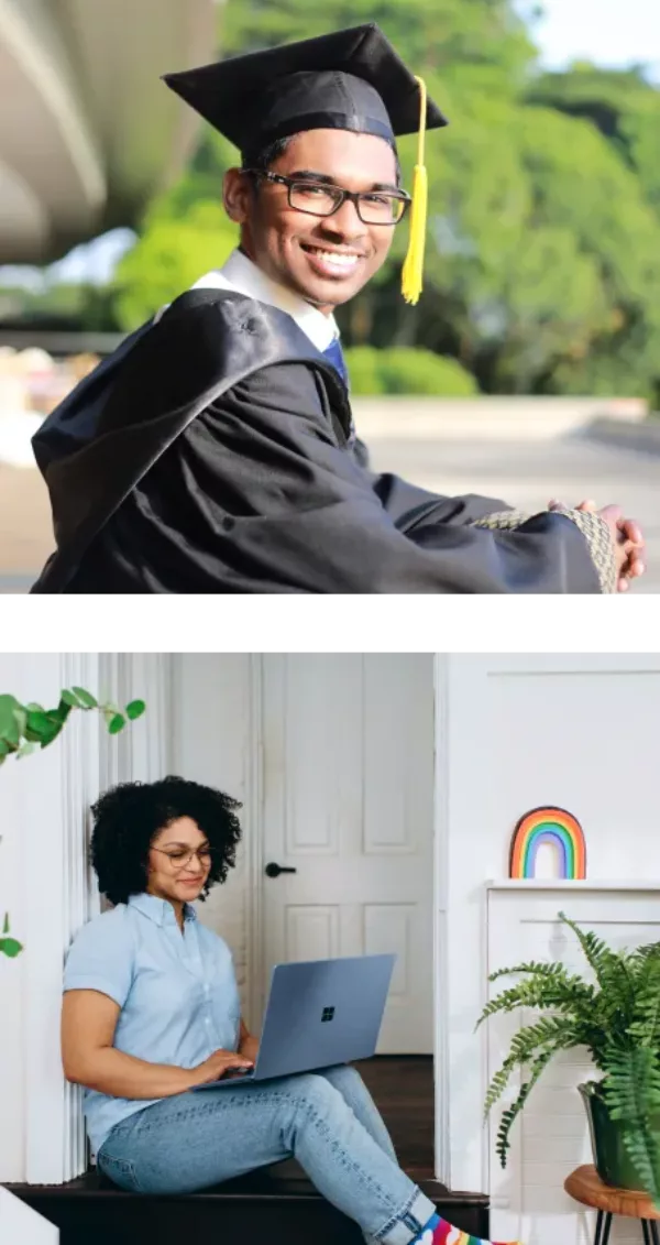 Graduate with cap and gown and person working on laptop.